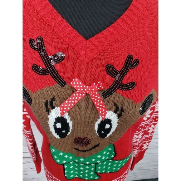 ND new directions Christmas Holiday Ugly Women's small‎ Sweater Reindeer Red - Picture 6 of 10
